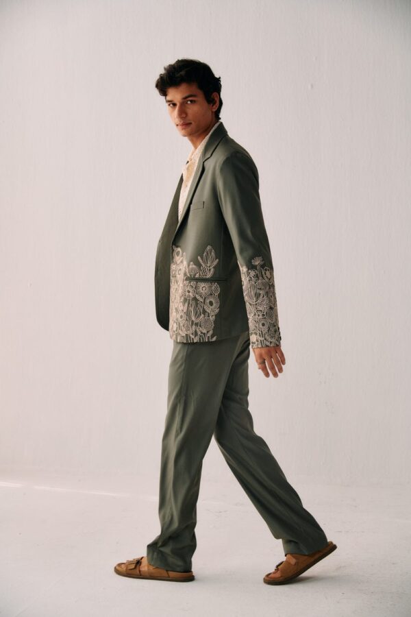 Olive Green Floral Embroidered Designer Blazer