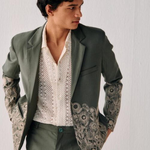 Blazer-1-2 Olive Green Floral Embroidered Designer Blazer
