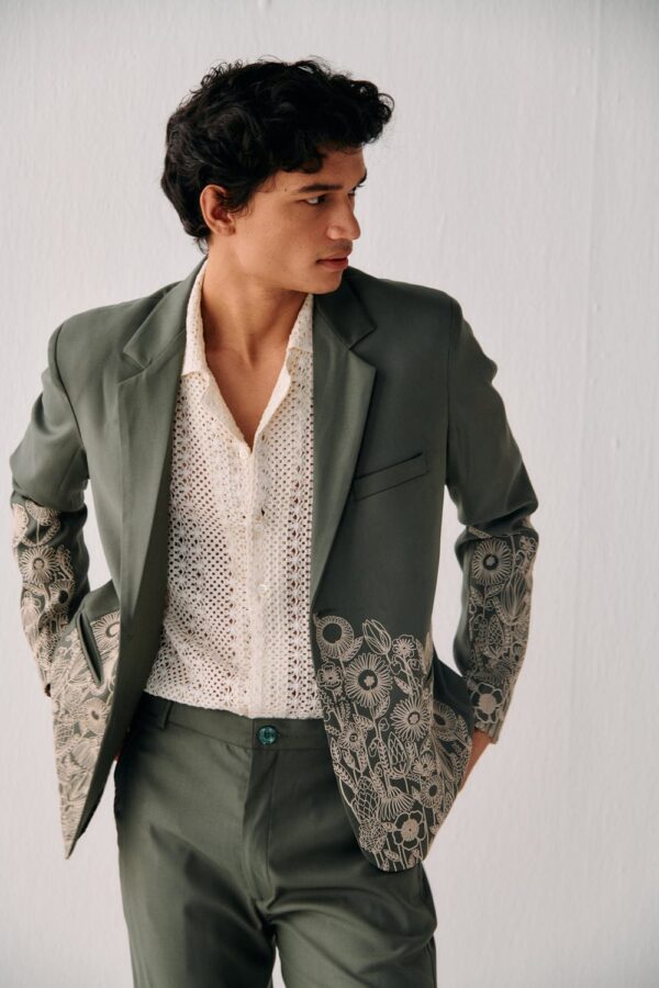 Olive Green Floral Embroidered Designer Blazer