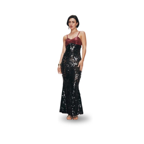 Dress B1 Black & Burgundy Sequin Contrast Maxi Dress