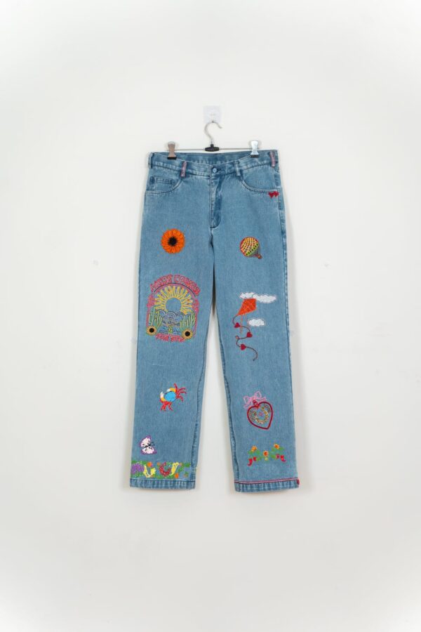 Pent-01 Light Blue Embroidered Statement Denim Jeans