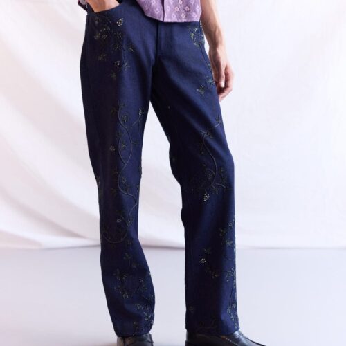 Pent-1-2 Dark Navy Floral Embroidered Straight-Leg Jeans