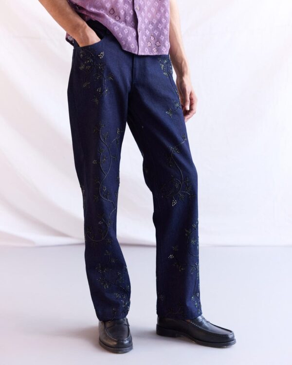 Pent-1-2 Dark Navy Floral Embroidered Straight-Leg Jeans